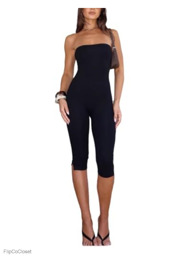 Strapless Jumpsuit For Women Off Shoulder Tube Top Capri Pants One Piece Outfit